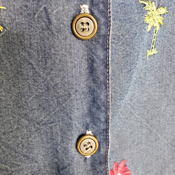Tencel Tropical Embroidered Buttondown Retro Preppy Vacation Cruise Spring Top L - Picture 7 of 15
